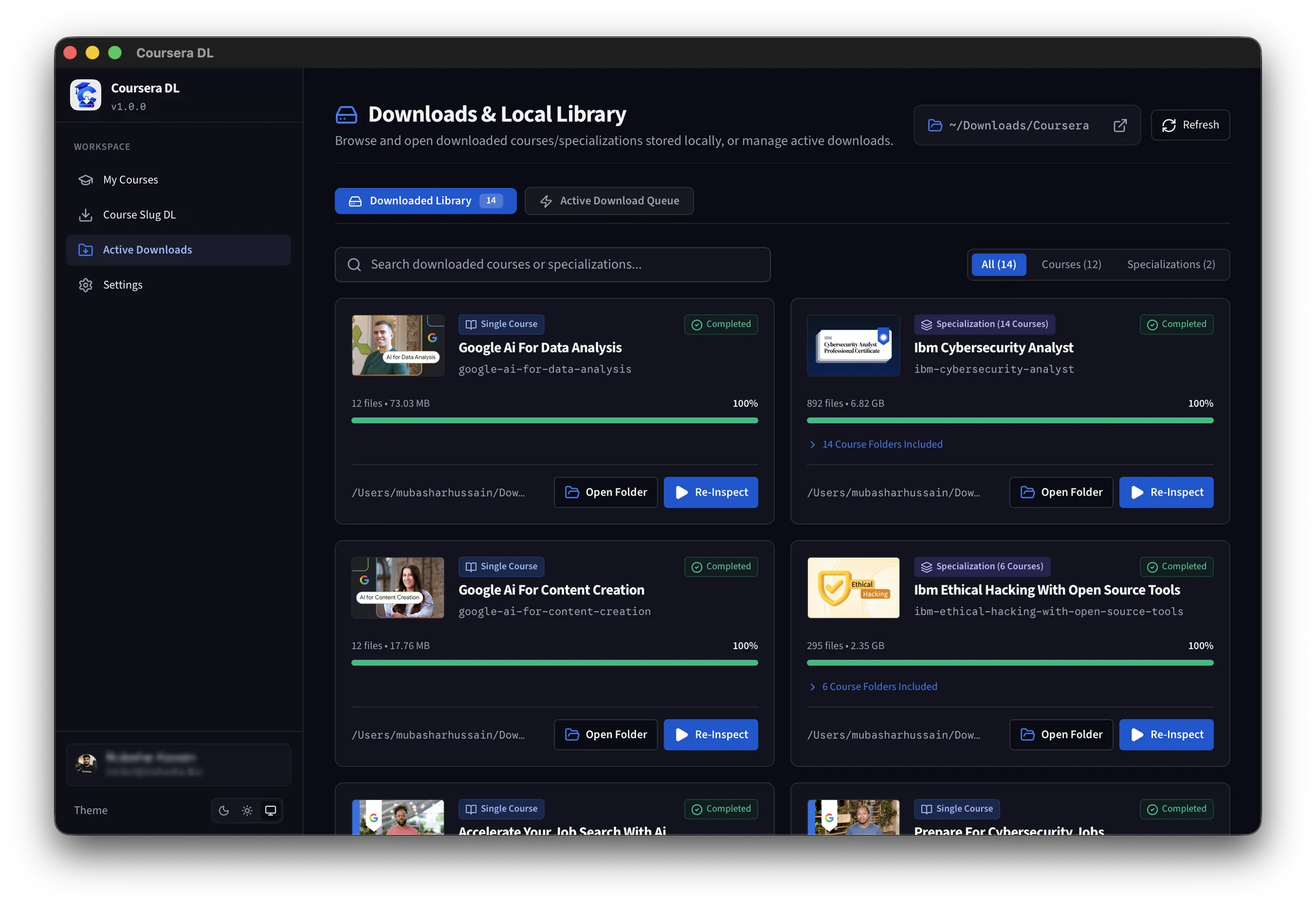 Coursera DL active downloads and offline course library in dark mode