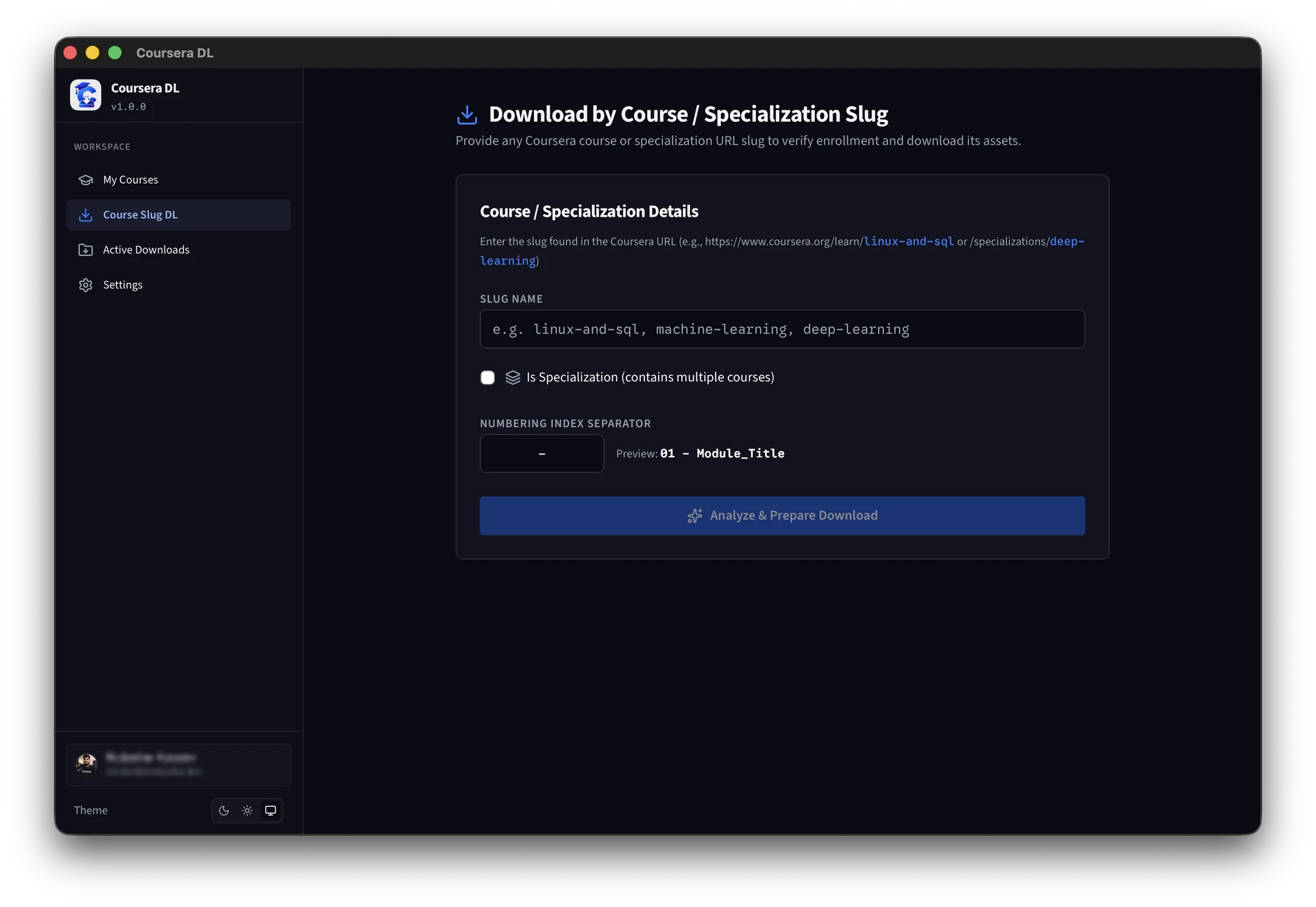 Coursera DL course slug downloader in dark mode