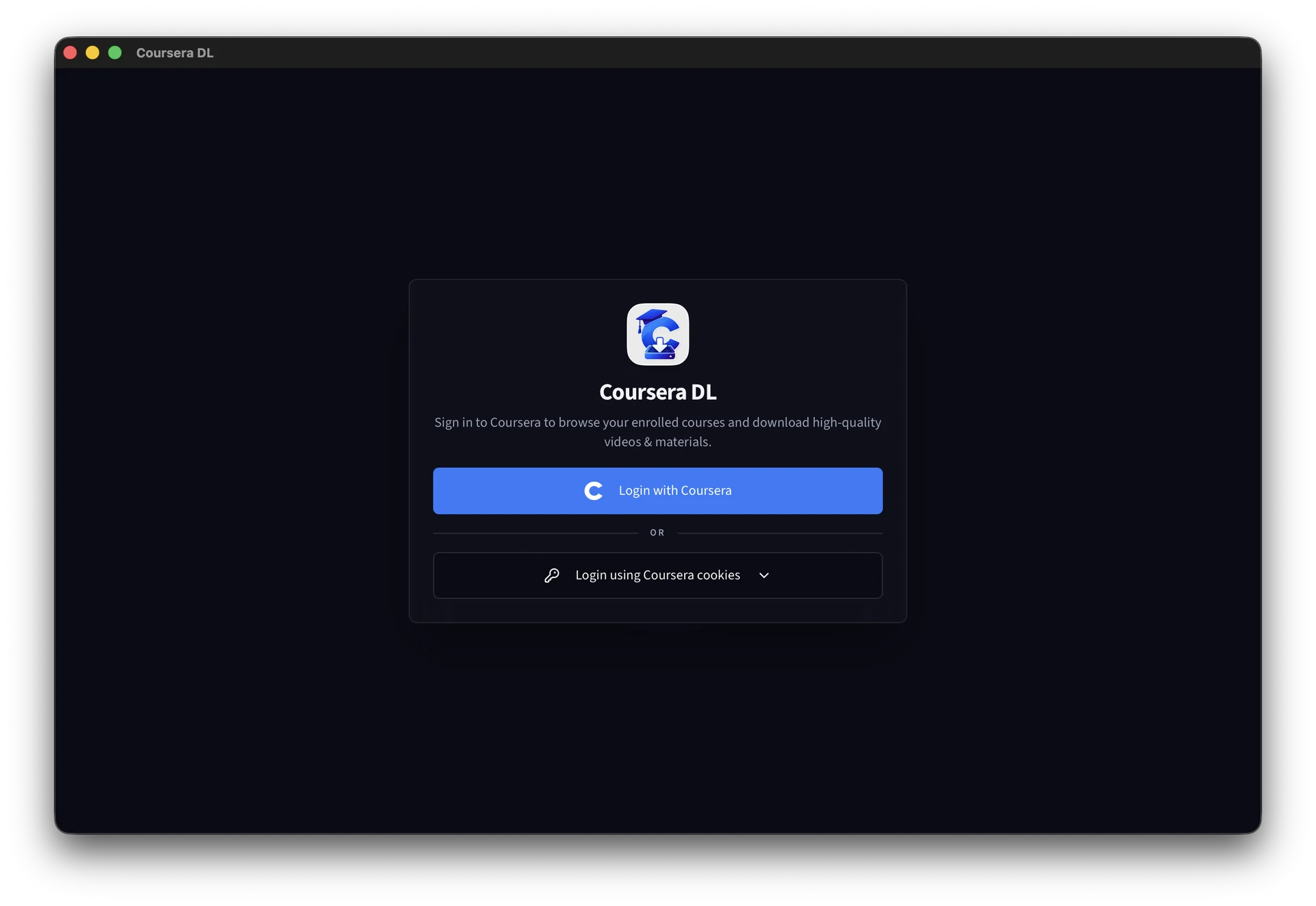 Coursera DL 1-click direct login and session authentication in dark mode