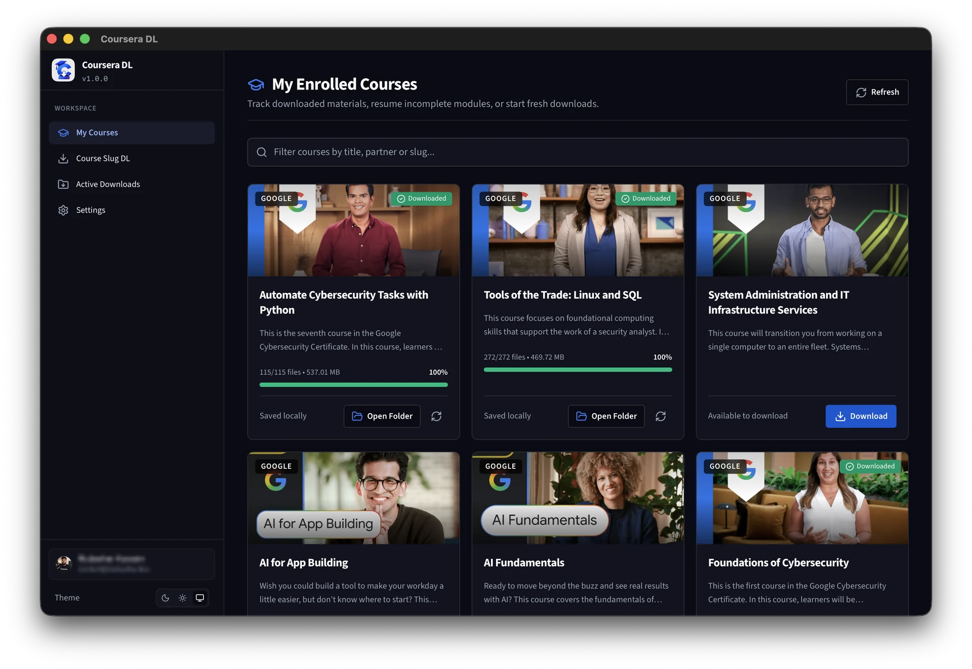 Coursera DL desktop interface showing enrolled courses in dark mode