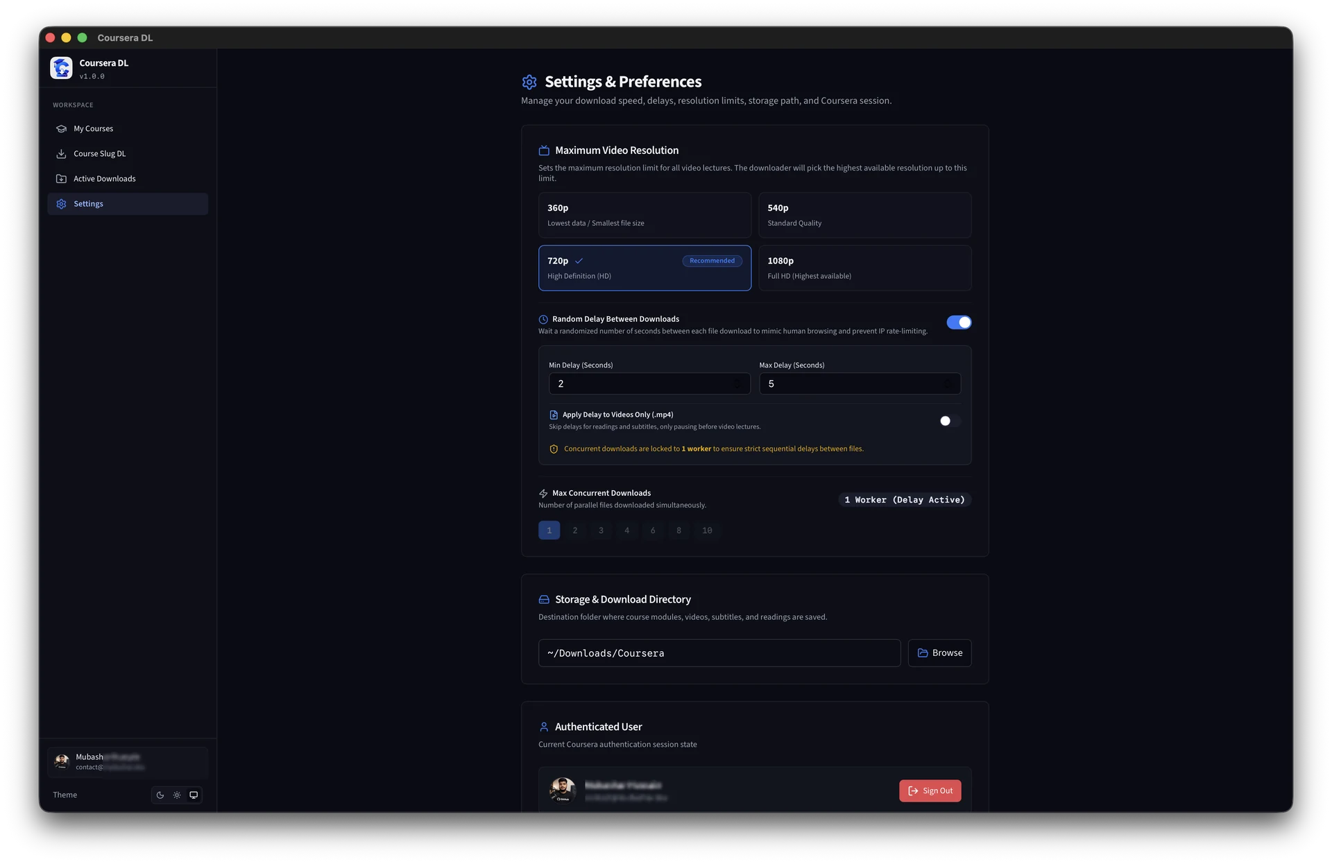 Coursera DL settings and download delay controls in dark mode