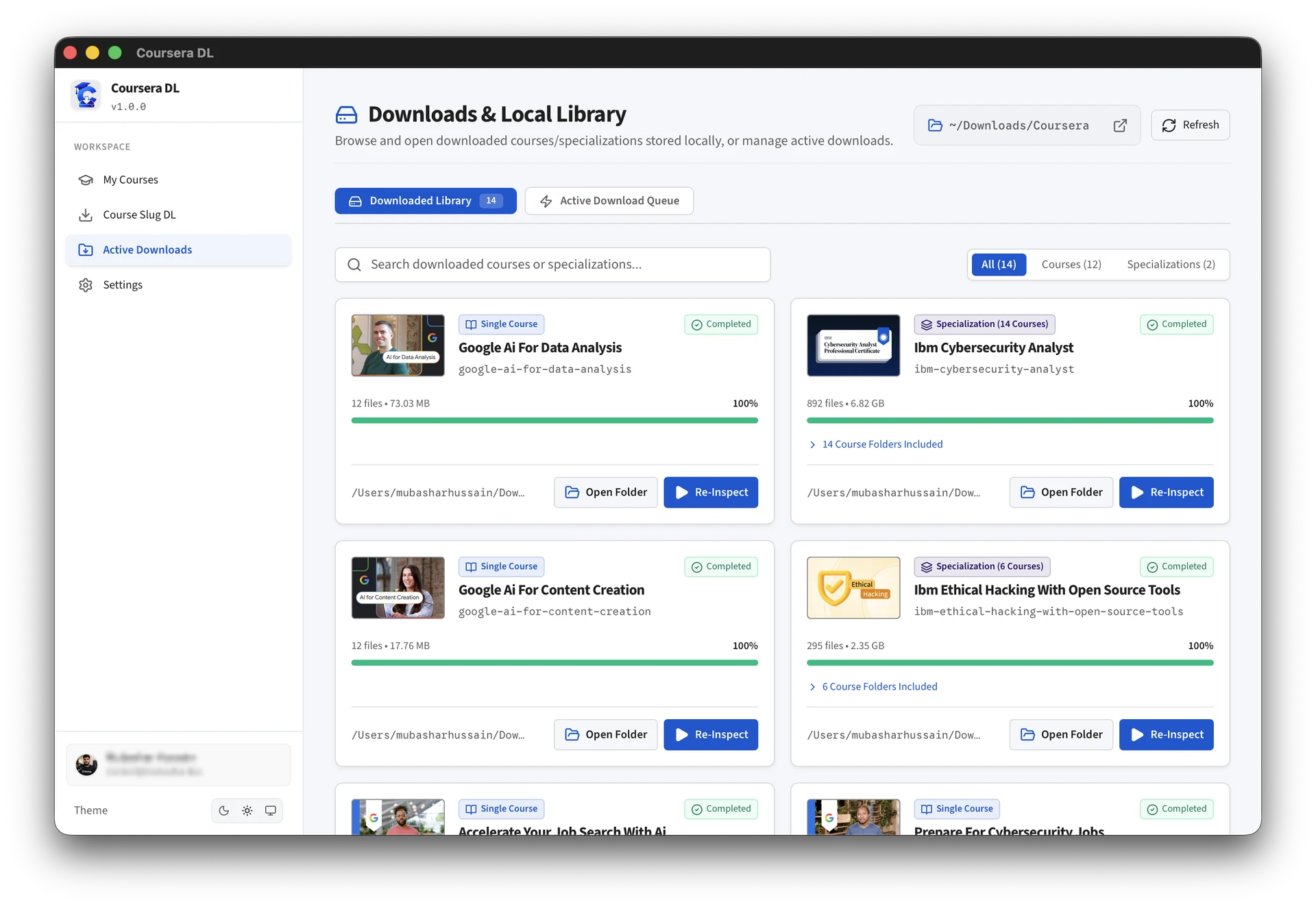 Coursera DL active downloads and offline course library in light mode