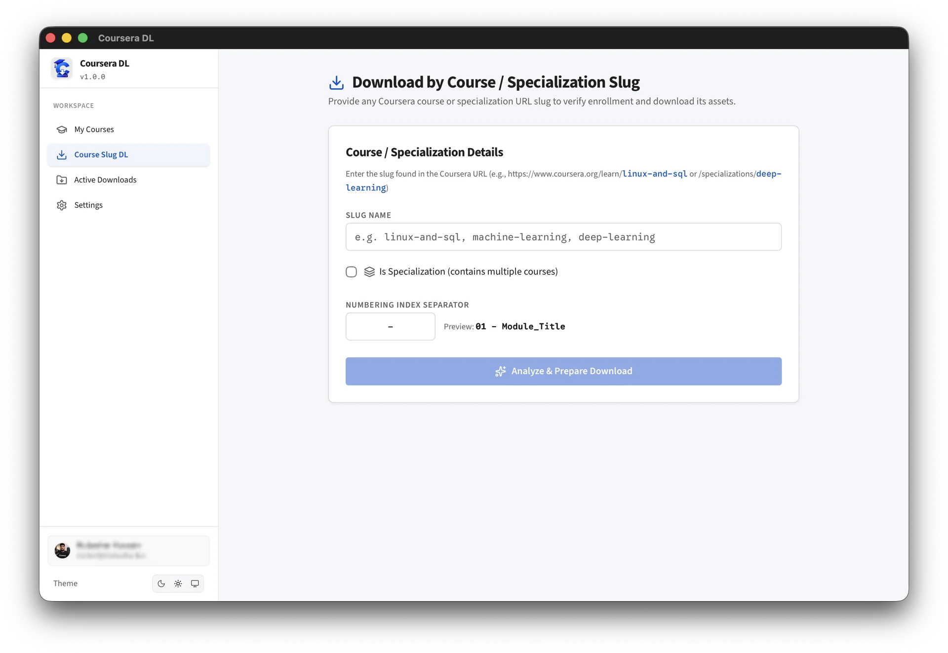 Coursera DL course slug downloader in light mode