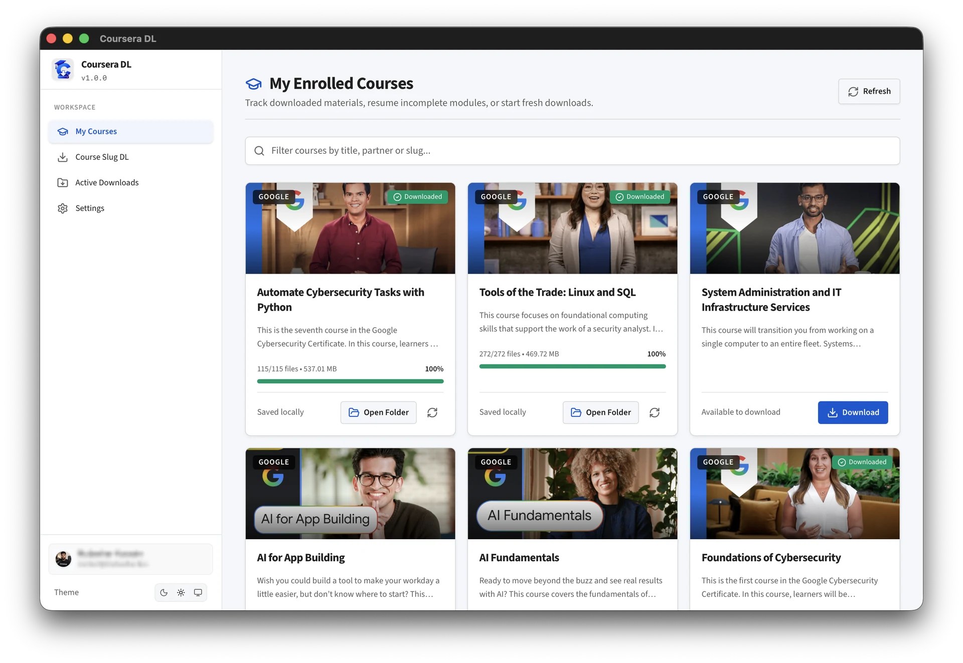 Coursera DL desktop interface showing enrolled courses in light mode