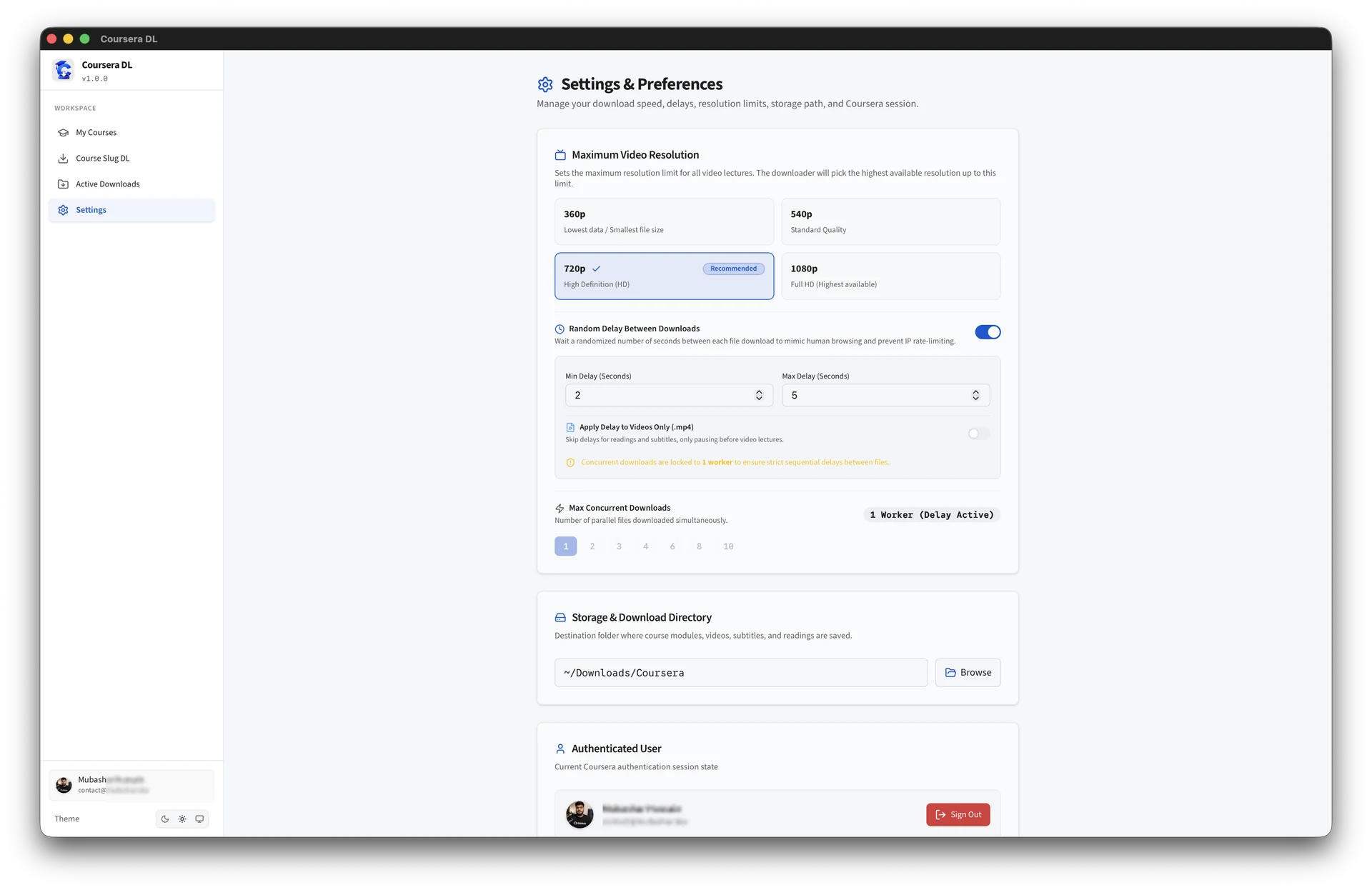 Coursera DL settings and download delay controls in light mode