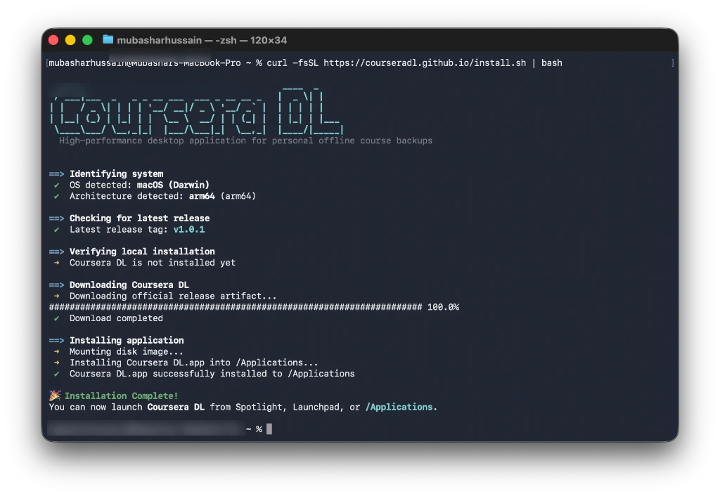 Coursera DL automated terminal installation output on macOS